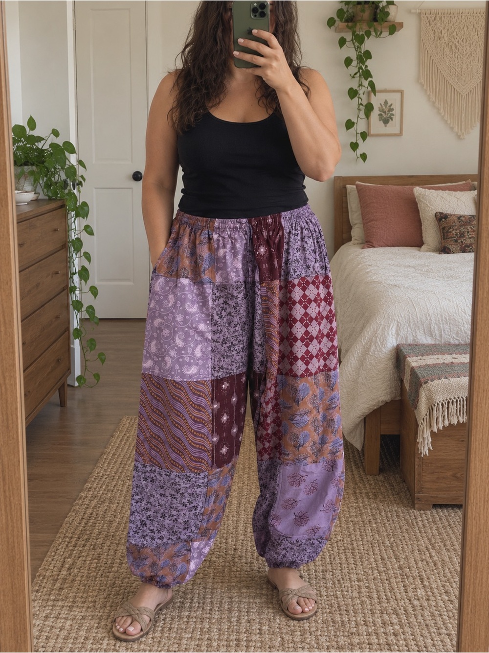 Boho Patchwork Wide-Leg Pants — Lavender Multi